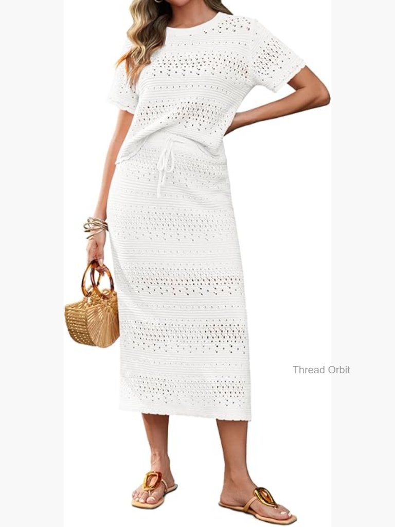 Crochet Cover Up Set Short Sleeve Top Midi Skirt 2 Piece Beach Outfit